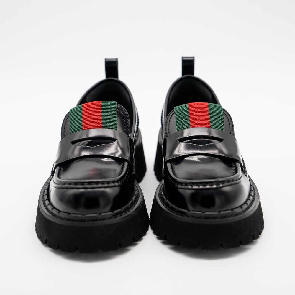 size 36G 6 US Gucci Lug Sole Penny Loafers Black Web Leather - Picture 2 of 12